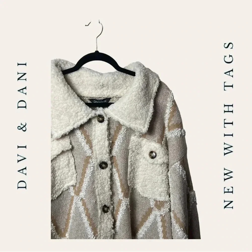 DAVI & DANI FULL BUTTON DOWN SHERPA CARDIGAN TAN/… - image 3